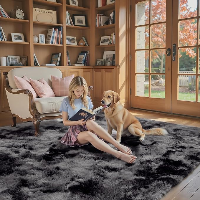 Super Soft Shaggy Area Rugs for Bedroom 4x6 Feet, Shaggy Plush Living Room Shag Furry Floor Rugs, Non-Shedding Indoor Rugs for Living Room Decor(4 x 6, Dark Grey Tie-Dyed)