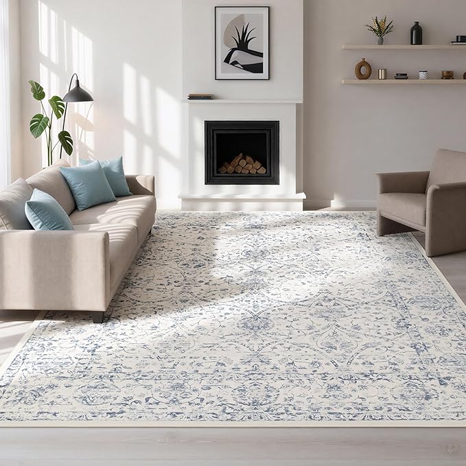 Washable Rugs 8x10 Area Rugs for Living Room- Large Vintage Rugs for Bedroom,Dining Room,Ultra Soft Low Pile Foldable Carpet with Non Slip Rubber Backing,Neutral Accent Rug(White-Blue)