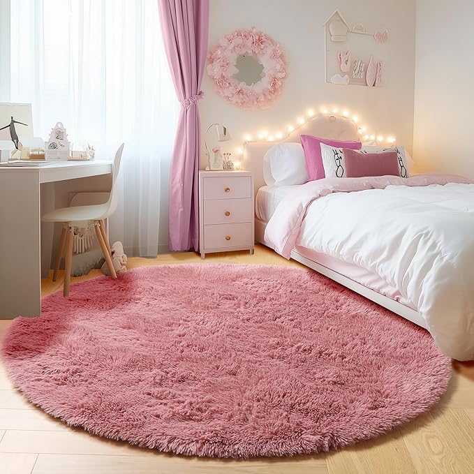 ONASAR Blush Round Rugs 6ft for Living Room Bedroom, Fluffy Circle Area Rug for Kids Girls Boys Teen, Soft Plush Shaggy Carpet for Nursery Dorm Classroom Playroom Home Decor Aesthetic