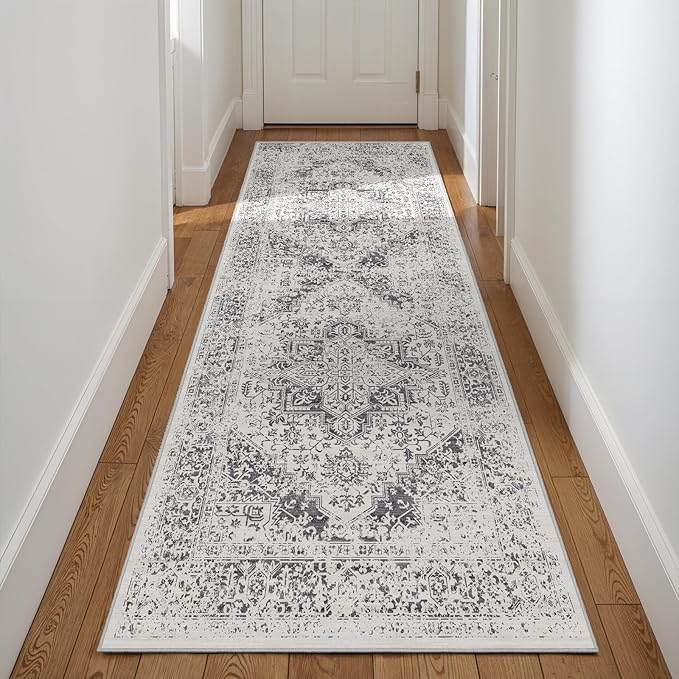 3x8 Washable Hallway Runner Rug - Non Slip Kitchen Runner Rugs with Rubber Backing Vintage Low-Pile Carpet Runners for Entryway Dining Room Laundry Room Home Decor (Distessed Grey)