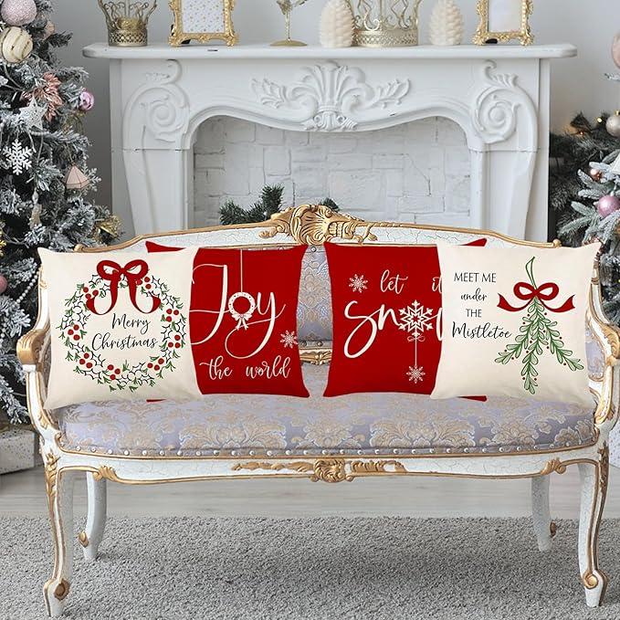 ONFAON Christmas Decorations - Christmas Pillow Covers 18x18 Set of 4, Holiday Christmas Decor Home Sofa Couch Cushion Indoor Decorations
