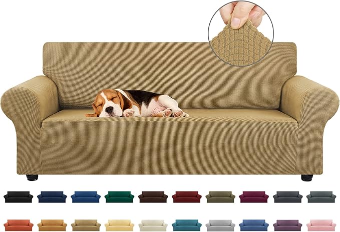 KEKUOU Stretch Sofa Cover Slipcover ，Couch Covers for 3 Cushion Couch Sofa pet Friendly (79"-94") Furniture Protector Sofa with Elastic Bottom for Kids,Dog, Jacquard Small Checked(Large,Tan)