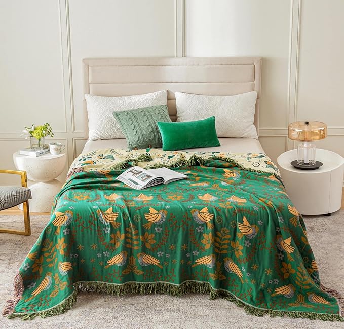 MSGKV Boho Throw Blanket 100% Cotton Green Blanket 90''x 98'' Spring Reversible Blankets with Tassels Warm Soft Blanket for Bed Sofa Living Room