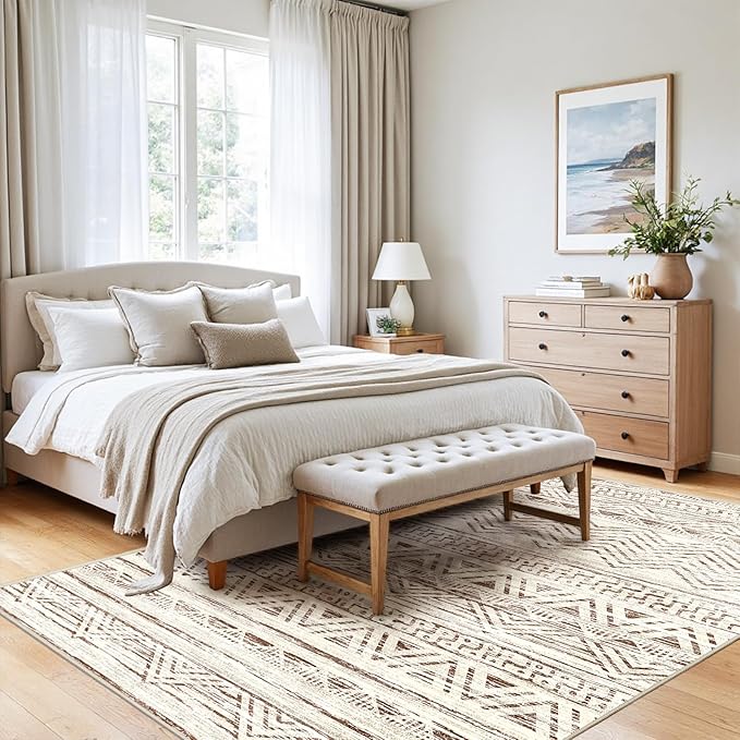 4x5 Washable Entryway Area Rug: Modern Moroccan Runner Rugs Indoor Soft Non Slip Door Mat for Living Room Low Pile Thin Floor Carpet for Kitchen Dining Room Bedroom Home Office Decor(4x5,Beige)