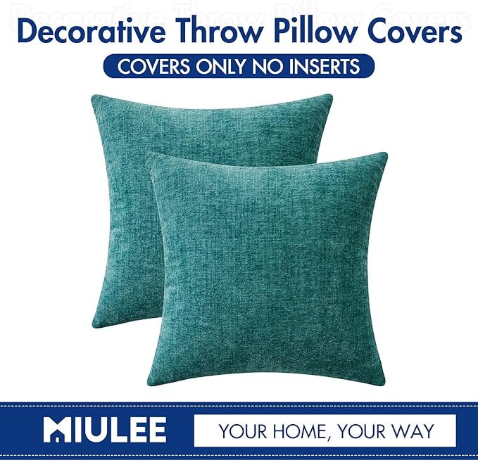 MIULEE Pack of 2 Couch Throw Pillow Covers 22x22 Inch Soft Teal Chenille Pillow Covers for Sofa Living Room Solid Dyed Pillow Cases