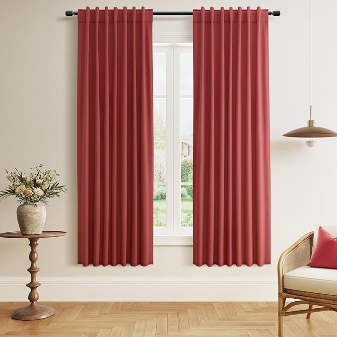 Guken Red 100% Blackout Linen Curtains 72 Inch Length 2 Panels Set for Living Room Bedroom Back Tab/Rod Pocket Thermal Insulated Black Out Drapes Room Darkening Window Curtains 72 Inches Long