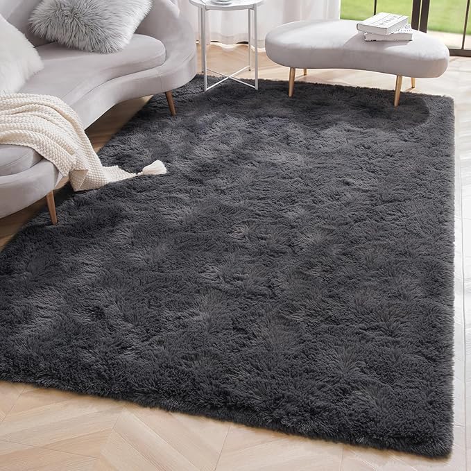 Amearea Premium Soft Area Rug 4x5.3 Feet, Grey Rugs for Living Room, Fluffy Carpet for Bedroom Nursery Playroom Teen Home Decor, Comfortable Indoor Furry Dorm Carpets, Dark Grey