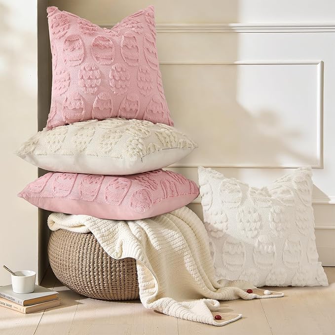 decorUhome Easter Pink Egg Pillow Covers 16x16 Inch Set of 2, Soft Plush Faux Wool Jacquard Cushion Covers, Farmhouse Neutral Fuzzy Spring Easter Holiday Decor for Couch Sofa Bed