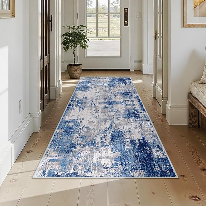 Washable Area Rugs 3x7 Non-Slip Modern Abstract Soft for Living Room Entryway Bedroom Nursery, Print Pattern, Blue Grey Navy Gray