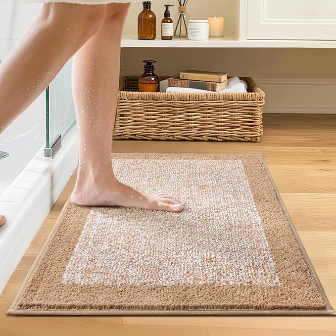 Bathroom Rugs 24x17 Non Slip Washable, Beige Bath Mat for Bathroom Floor Tub, Soft Absorbent Quick Dry Mats for Shower, Bathtub,Home Decor