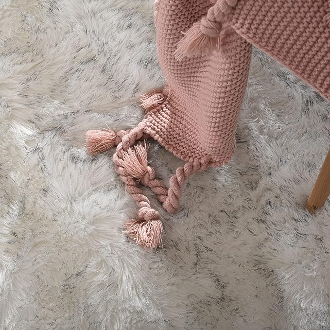 Goolela Fluffy Faux Sheepskin Fur Rug for Bedroom 3x5 White with Grey Tips Fuzzy Furry Bedside Plush Rug for Office Dorm Soft Shaggy Carpet Rectangle