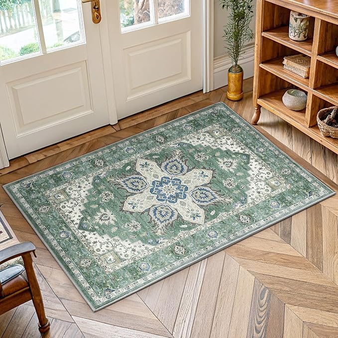 AMADA HOMEFURNISHING 2x4 Washable Area Rug, Low-Profile Entryway Rug with Non-Slip Backing & Durable Edge Binding, Vintage Rug Pattern, Small Rugs for Entryway, Kitchen & Living Room