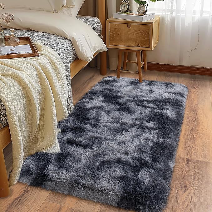 Ultra Soft Runner Rugs for Bedroom Hallways with Upgraded Non-Slip Rubber Backing & Thick Memory Sponge, 2 Packs 2x4 Feet Fluffy Shag Throw Area Rug for Bedside Dorm Tie-dye Dark Grey