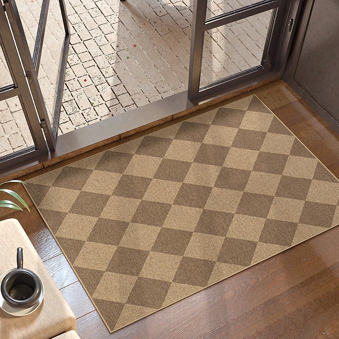 Lahome Colette Checkered Easy Jute Rug, 2x3 Entryway Rug Indoor Outdoor Front Door Mat, Farmhouse Neutral Non Slip Non Shedding Washable Kitchen Mats for Floor Foyer
