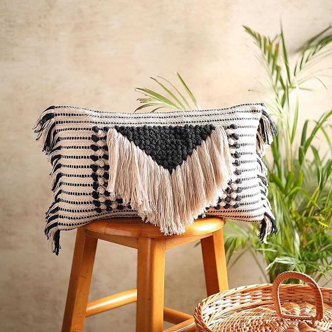 Decorative Boho-Chic Pillow Cover Handwoven Tufted Cotton Accent Pillows, Neutral Throw Cushion for Couch, Sofa or Bed, Farmhouse & Bohemian Home Decor, Trendy USA Design (Black Lumbar 12x20)