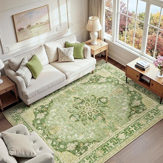 RELEANY Area Rugs 6'x9' Washable Non-Slip, Floral Vintage Distress Print Pattern Medallion Carpet for Living Room Bedroom Dining Room, Sage Green Yellow