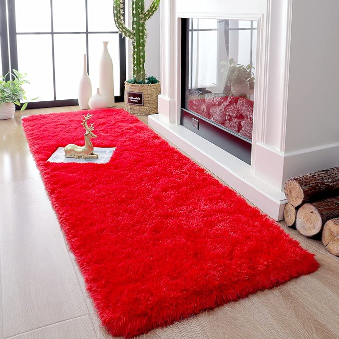 Chicrug Soft Runner Rugs for Bedroom Living Room Plush Fluffy Rug 2x6 Feet, Shag Furry Area Rug Carpet Non Shedding for Nursery Children Kids Girls Room Home Decorative, Red