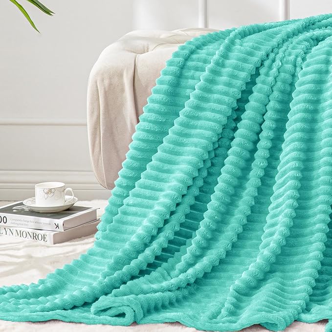 BEDELITE Fleece Blanket Twin Size – 3D Ribbed Jacquard Soft and Warm Decorative Fuzzy Blankets – Cozy, Fluffy, Plush Lightweight Throw Blankets for Couch, Bed, Sofa(Aqua, 60x80 inches)