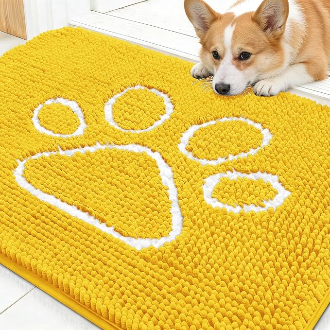 OLANLY Dog Door Mat for Muddy Paws 30x20, Paw Print Design, Absorbs Moisture and Dirt, Absorbent Non-Slip Washable Doormat, Quick Dry Chenille Mud Mat for Dogs, Entry Indoor Entryway Carpet, Yellow