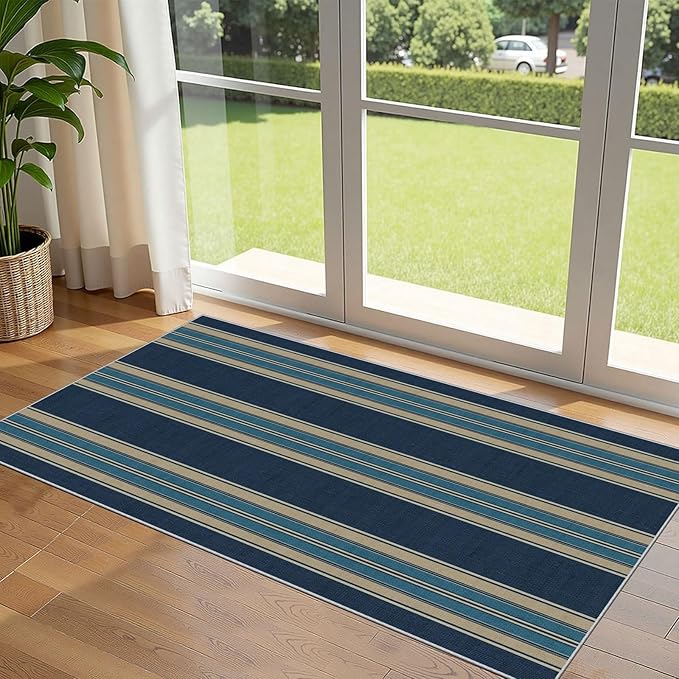 Front Door Mat Indoor Entrance - 2x4.3 Ft Striped Washable Welcome Layered Doormat Outdoor Entrance Porch Rug Non-Slip Navy Blue Coastal Runner Rug for Kitchen Bedroom Laundry Room Porch Decor