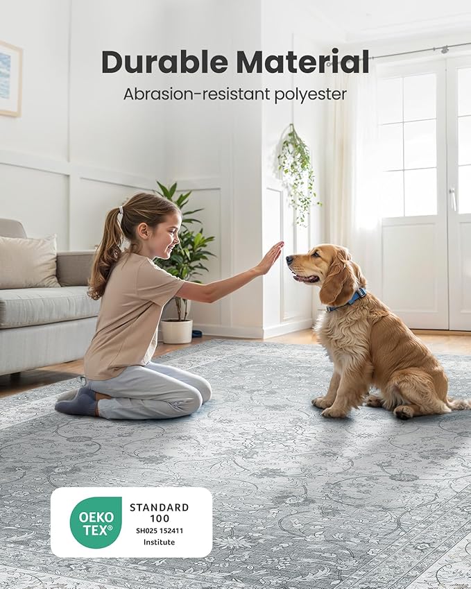 AMADA HOMEFURNISHING 5x7 Area Rugs, Washable Living Room Rug with Non-Slip Backing, Low Pile and Durable Edge Binding, Soft Vintage Floral Rugs for Living Room, Bedroom, Dining Room