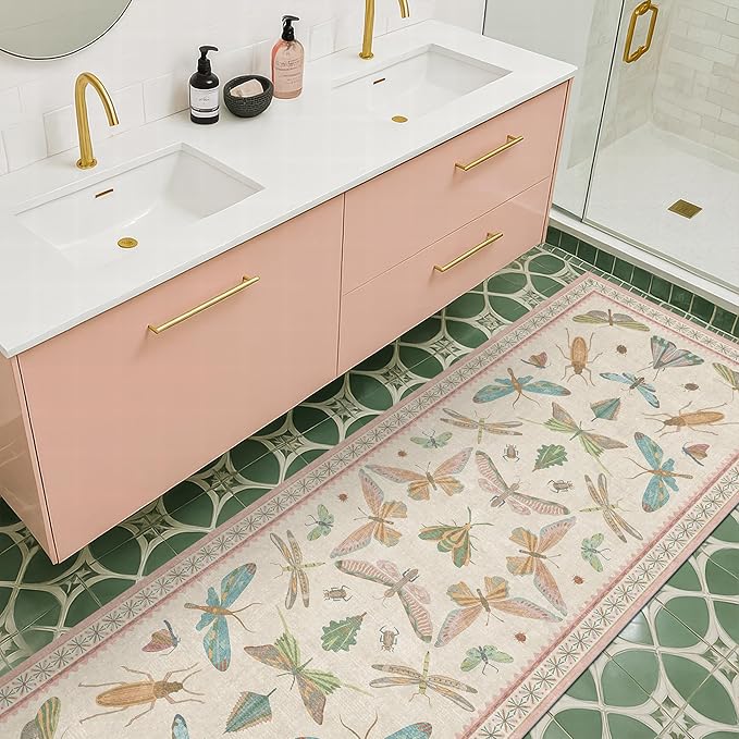 Hazo Haus Boho Bathroom Runners - 2x5 Pink Rug for Kitchen, Entry Way, Hallway, Non Slip Washable Butterfly Insect Print Home Decor