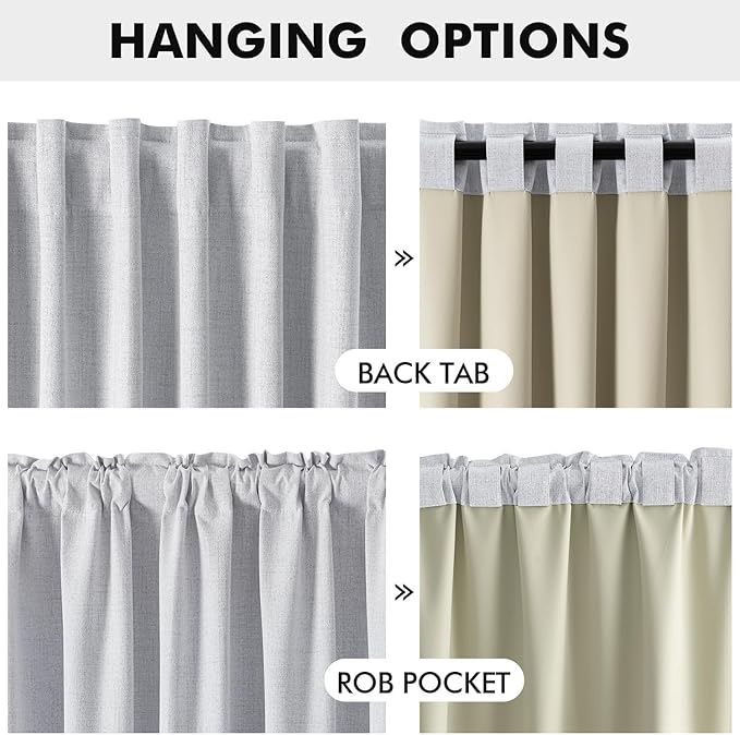 MIULEE 100% Blackout Linen Curtains for Bedroom, Grayish White Solid Luxury Decor Thermal Insulation Room Darkening Drapes for Living Room Nursery Back Tab Rod Pocket 42 x 72 Inches, 2 Panels