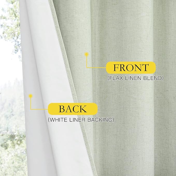 NICETOWN Cold Reducing Full Blackout Sage Green Linen Curtains 108 inches Length with Thermal Insulated Liners, 2 Panels, 52 inches W, Farmhouse Style Keep Warm Large Window Draperies for Hall