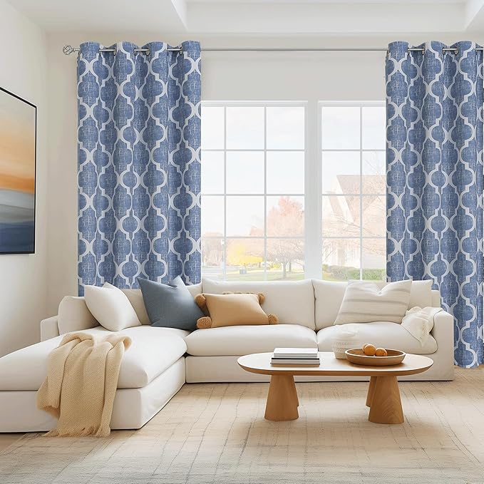 Beauoop 100% Blackout Curtains 108 Inches Long 2 Panels for Bedroom Living Room Blue Moroccan Geo Room Darkening Thermal Insulated Soundproof Grommet Top Window Treatments Drapes, 50x108 Set of 2