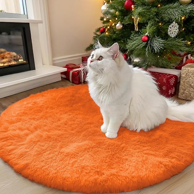 OLANLY Orange Round Rugs for Bedroom - Machine Washable, 3 ft Circle Area Rugs for Living Room, Soft and Fluffy Shaggy Carpet for Teen Girl and Boys, Nursery Rooms, Dorms, Home Decor Aesthetic