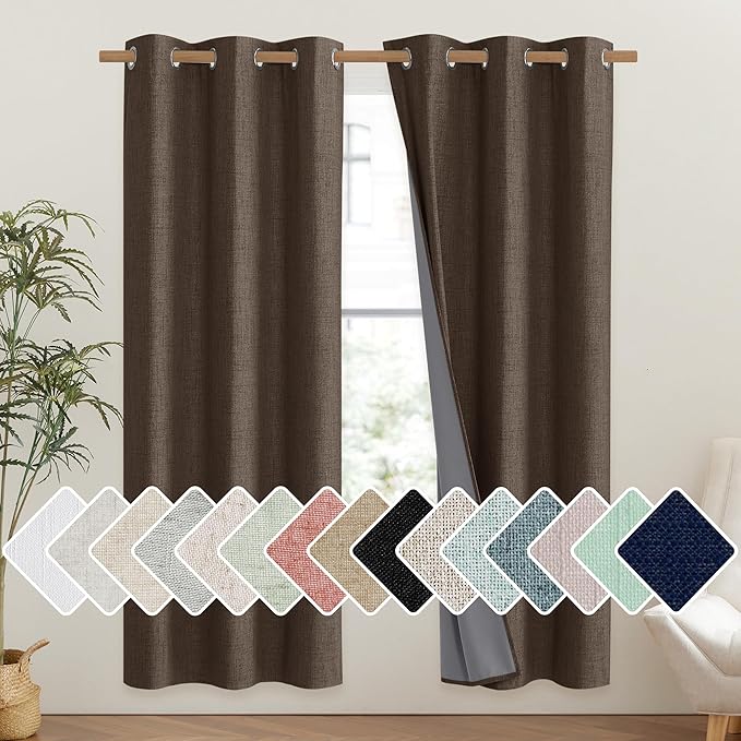 NICETOWN Coffee Vintage Linen 100% Blackout Curtains for Classroom, Thermal Insulated Curtains 72" Long, Noise Reducing Window Treatment Drapes for Gym Room, 42" Wide Per Panel, Set of 2