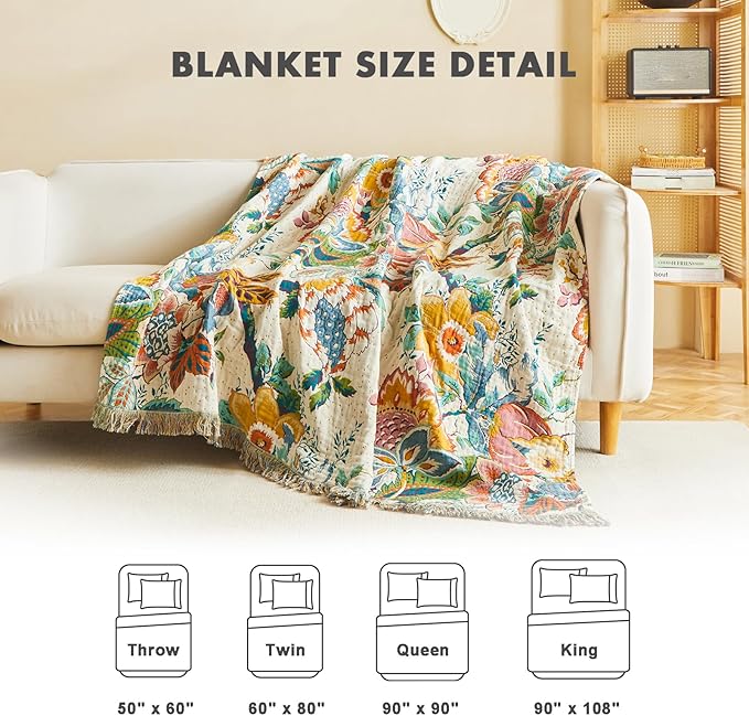 MSGKV Boho Throw Blanket for Couch 50"x60" 100% Cotton Vine Embroidery Blanket Bed Chair Sofa Blankets Muslin Spring Breathable All Seasons Lightweight Farmhouse Blankets Home Decor