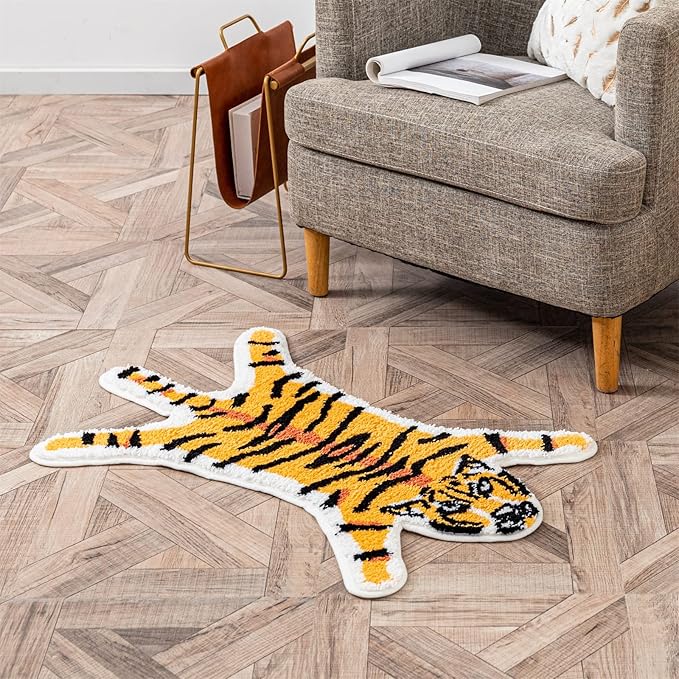 Tiger Print Rug, Animal Printed Small Area Rugs Faux Cowhide Skin Leather Nonslip Personalized Bath Rug Cartoon Carpet Bedroom Office Livingroom Floor Mat 32.2inx21.4in Yellow