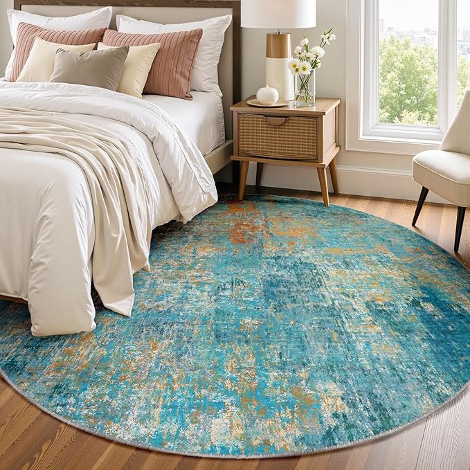 Washable Area Rugs 8ft Non-Slip Modern Abstract Soft for Living Room Entryway Bedroom Nursery, Print Pattern, Teal Blue Green Orange Rust Red Coloreful