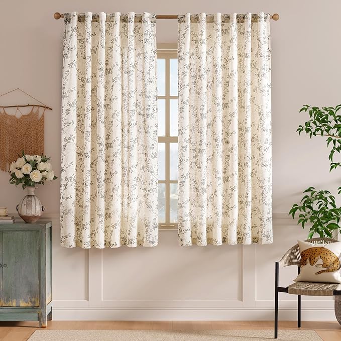 Lazzzy Linen Farmhouse Curtains Grey Floral Curtains 63 Inch Long Back Tab Drapes for Living Room Bedroom Light Filtering Country Vintage Rod Pocket Curtain, 2 Panels, Gray on Beige