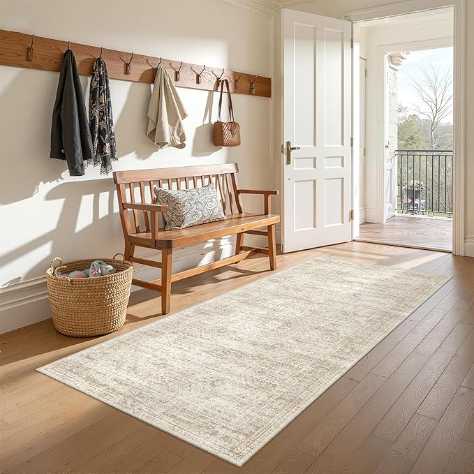 3x8 Runner Rug Non Slip Washable for Entryway, Vintage Hallway Runner for Front Porch, Laundry Room, Bedroom, Abstract Stain Resistant Thin Indoor Kitchen Mats for Floor(3'x8', Beige/Ivory)