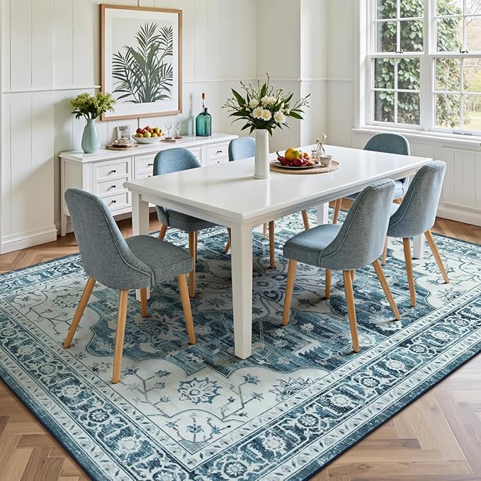 Lofus 8x10 Washable Area Rug, Vintage Floral Rugs for Living Room, Bedroom, Dinning Room, Low Pile Large Area Rugs with Non-Slip Backing, Sunflower Print Pattern, Neutral Blue