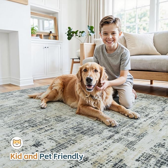 5x7 Area Rugs for Living Room Washable Rug: Anti-Skid Abstract Modern Living Room Rug Soft Thin Carpets Indoor Floor Non-Shedding Carpet for Bedroom Dining Farmhouse Nursery Black Gray Gold