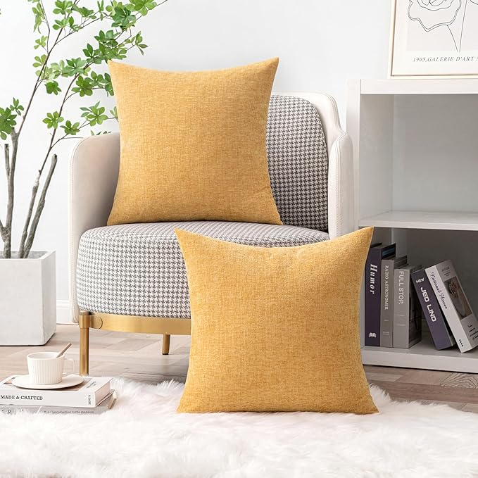 MIULEE Pack of 2 Couch Throw Pillow Covers 20x20 Inch Soft Beige Yellow Chenille Pillow Covers for Sofa Living Room Spring Home Decor Couch Solid Dyed Cases
