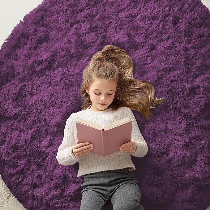 OLANLY Dark Purple Round Rugs for Bedroom - Machine Washable, 5 ft Circle Area Rugs for Living Room, Soft and Fluffy Shaggy Carpet for Teen Girl and Boys, Nursery Rooms, Dorms, Home Decor Aesthetic