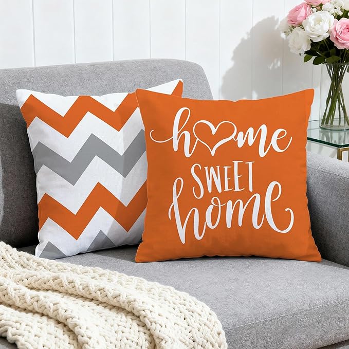 Hexagram Geometric Orange Pillow Covers 18x18 Set of 4, Decorative Outdoor Boho Modern Throw Pillow Covers, Home Sweet Home Farmhouse Cushion Case for Couch Sofa Bedroom Indoor Decor(No Insert)