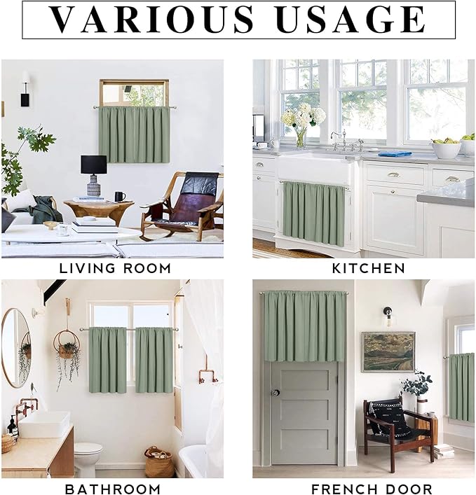 RYB HOME Blackout French Door Window Curtain Covering, Rod Pocket Thermal Insulated Privacy Non See Through Drapes for Bathroom Window, Width 29 by Length 45, Greyish Green, 2 Panels