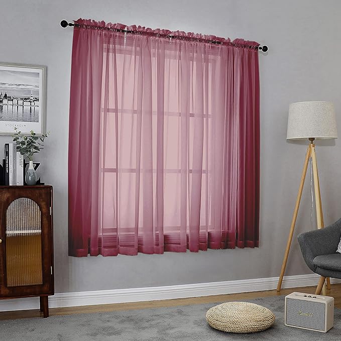 Chyhomenyc Burgundy Sheer Curtains 63 Inches Long 2 Panels Set, Light Filtering Voile Window Drapes for Bedroom Living Room, 42Wx63L Inch, Burgundy, 2PCS