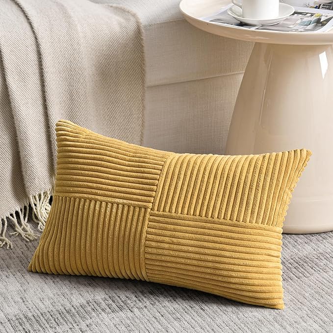 Fancy Homi 2 Packs Mustard Yellow Decorative Throw Pillow Covers 16x26 Inch for Living Room Couch Bed, Rustic Farmhouse Boho Home Decor, Soft Striped Corduroy Rectangle Accent Cushion Case 65x40 cm