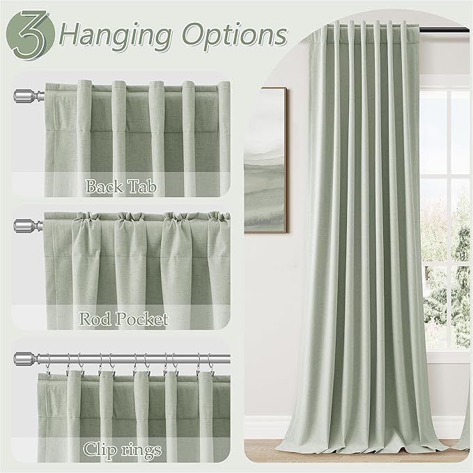 Guken 100% Blackout Curtains 120 Inch Length 2 Panels Set for Living Room Bedroom Back Tab Thermal Insulated Black Out Linen Drapes Room Darkening Window Curtains Mist Sage 52x120