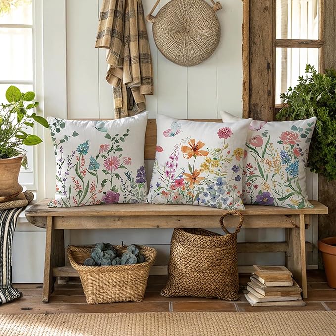 ONFAON Spring Decorations for Home - Spring Pillow Covers 18x18, Outdoor Pillow Covers Springtime Farmhouse Throw Pillow Cover Garden Linen Cushion Case for Home Decor