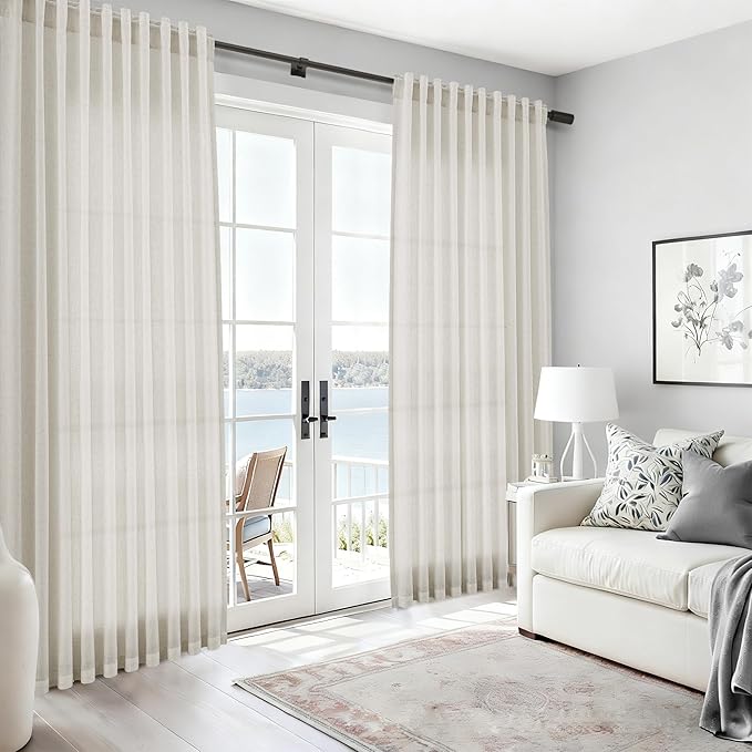 Nanspring Mousse White Linen Curtains 63 Inch Length for Living Room Luxury Light Filtering Semi Sheer Curtain Back Tab Simple Modern Elegant Coastal Decor Drapes for Bedroom Office 52x63, 2 Panels