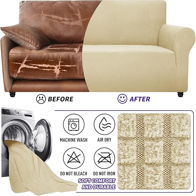 ZNSAYOTX Super Stretch Couch Cover (72"-92") Universal Sofa Covers with Elastic Bottom, Dog Cat Pets Friendly Washable Furniture Protector Fitted Sofa Slipcovers Stay in Place (Beige, Sofa)