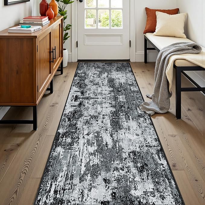 Washable Area Rugs 2'x8' Non-Slip Modern Abstract Soft for Living Room Entryway Bedroom Nursery, Print Pattern, Black Navy Blue Gray