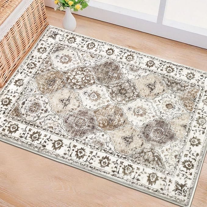 HEBE Washable Area Rug - 2'x3' Non Slip Soft Distressed Medallion Bedroom Boho Living Room Accent Throw Vintage Entry Floor Carpet for Dining Room Bathroom Entryway